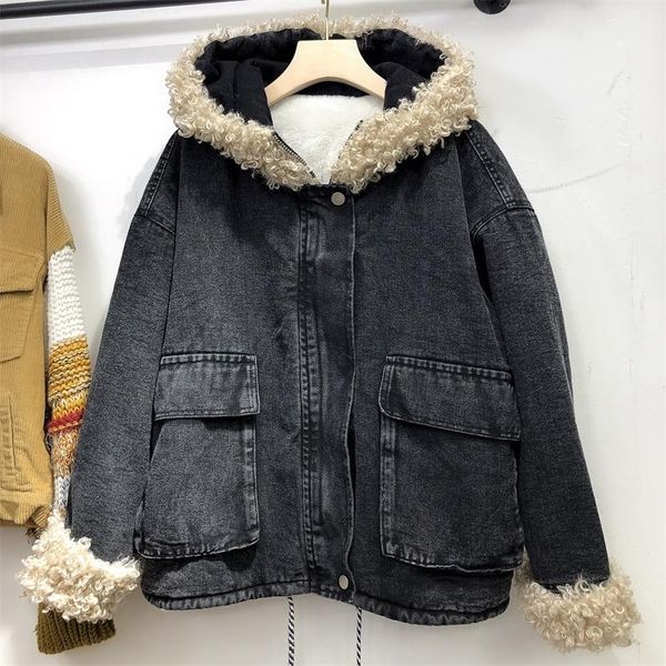 women's jackets winter hooded denim cotton padded jacket lamb plush parkas coats loose plus velvet thickened jeans coat girls, Black;brown
women's jackets winter hooded denim cotton padded jacket lamb plush parkas coats loose plus velvet thickened jeans coat girls, Black;brown