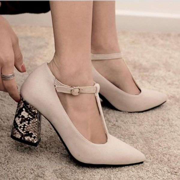 dress shoes fanyuan plus size 32-46 women pumps t-strap fashion snake print high heels pointed toe buckle party footwear, Black