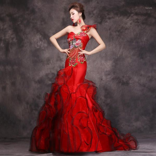 chinese style women one shoulder cheongsam traditional embroidery peacock qipao asian bride wedding party dress gown1, Red
chinese style women one shoulder cheongsam traditional embroidery peacock qipao asian bride wedding party dress gown1, Red