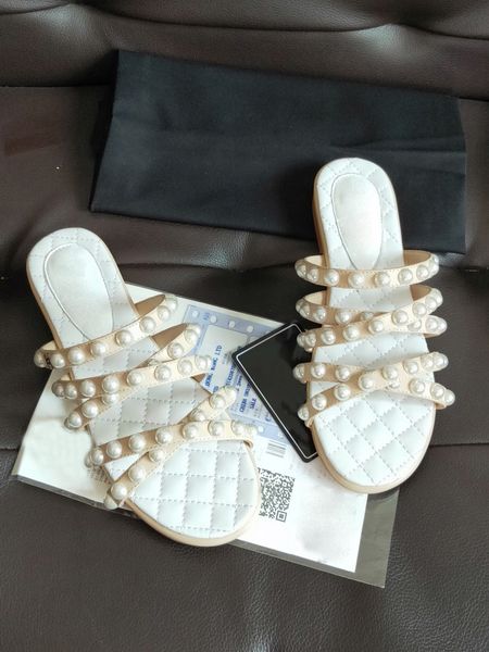 leather pearl slippers women wear fashion in summer, Black