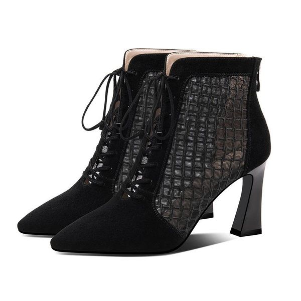 women's shoes pointed-toe chunky high heel shoes sheep split leather gauze fashion net boots bo lady -40, Black
women's shoes pointed-toe chunky high heel shoes sheep split leather gauze fashion net boots bo lady -40, Black