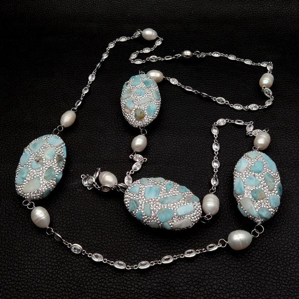 freshwater cultured white pearl blue larimar cz pave chain long necklace trendy women jewelry statement necklace 44" 0927, Silver
freshwater cultured white pearl blue larimar cz pave chain long necklace trendy women jewelry statement necklace 44" 0927, Silver