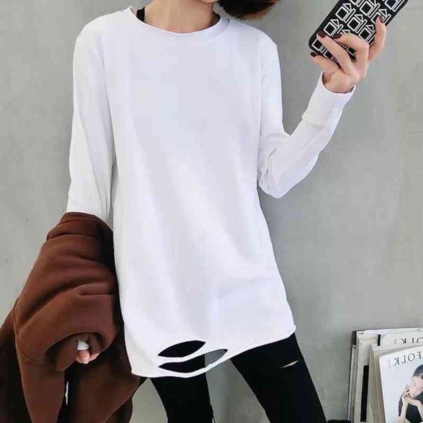 women spring autumn white long sleeve o neck solid color ripped hole loose female t-shirt woman clothing
women spring autumn white long sleeve o neck solid color ripped hole loose female t-shirt woman clothing