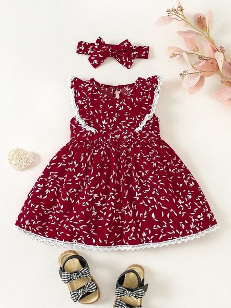 baby allover leaf print contrast guipure lace ruffle trim dress & headband she, Red;yellow
baby allover leaf print contrast guipure lace ruffle trim dress & headband she, Red;yellow