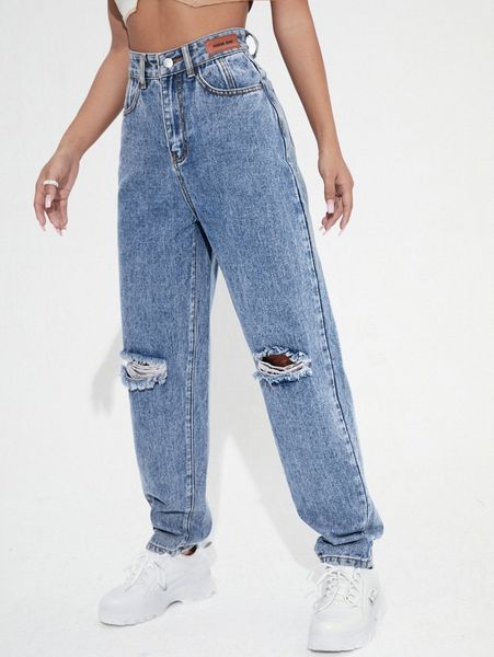 high waist patched ripped jeans p5lc#, Blue