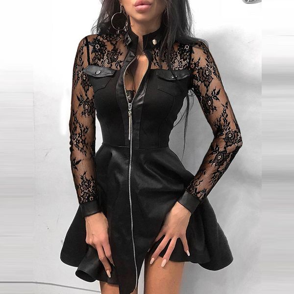 stand collar print zipper long sleeves mini dress casual autumn winter fashion pocket pu leather dress elegant slim dresses y0118, Black;gray
stand collar print zipper long sleeves mini dress casual autumn winter fashion pocket pu leather dress elegant slim dresses y0118, Black;gray