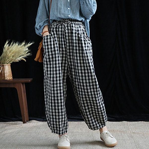 johnature cotton linen retro plaid elastic waist straight ankle-length pants 2021 autumn new casual all-match women lace up pant, Black;white
johnature cotton linen retro plaid elastic waist straight ankle-length pants 2021 autumn new casual all-match women lace up pant, Black;white