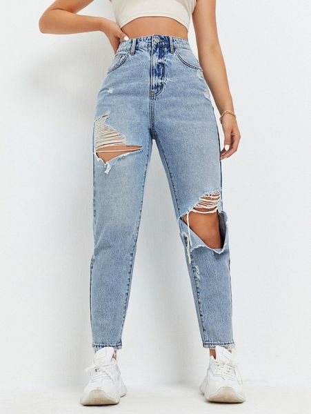 ripped detail mom jeans y3id#, Blue