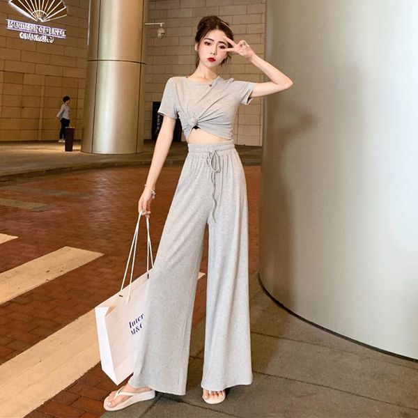 2 piece sets women outfits 2020 summer female set stretch slim crop wide leg pants lady loose casual high waist trousers, Gray
2 piece sets women outfits 2020 summer female set stretch slim crop wide leg pants lady loose casual high waist trousers, Gray