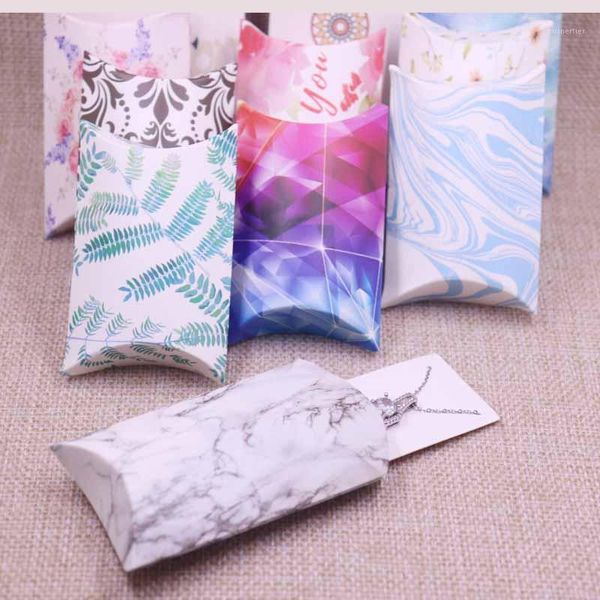 gift wrap 2021 est arrived pillow box with earring/necklace cards paperboard kraft marbling style plant leaf design selling 300gsm1