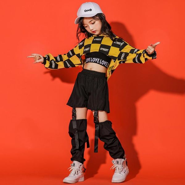 children girl long sleeve black yellow hip hop hiphop ds jazz dance costumes ballroom clothes outfit, Black;red
