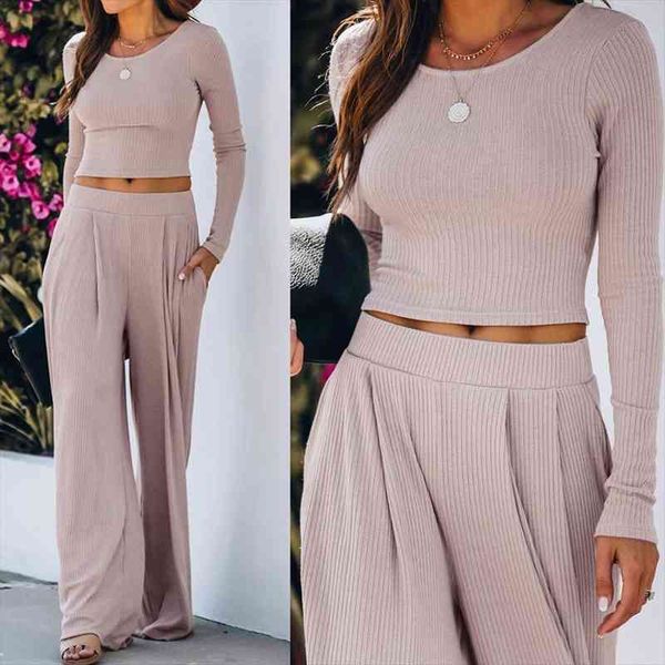 women knitted ribbed long sleeve crop long pants two piece set o-neck casual sport suit womens female, White
women knitted ribbed long sleeve crop long pants two piece set o-neck casual sport suit womens female, White