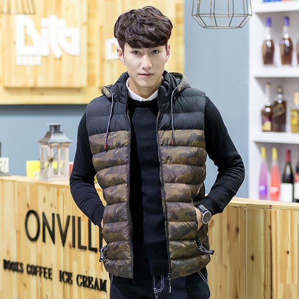 camouflage men autumn winter youth trend korean slim and handsome vest down cantilevered sleeveless cotton jacket, Black;white
camouflage men autumn winter youth trend korean slim and handsome vest down cantilevered sleeveless cotton jacket, Black;white