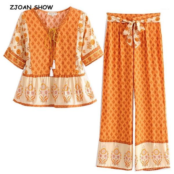 2020 new geometric floral print tide bow tassel short sleeve shirt bohemian long wide leg pants women blouse 2 pieces set1, White
2020 new geometric floral print tide bow tassel short sleeve shirt bohemian long wide leg pants women blouse 2 pieces set1, White