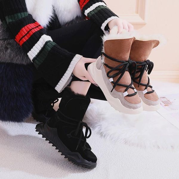 2020 new winter fur all in one snow boots women thick sole plus velvet thick warm short boots waterproof non slip cotton shoes, Black