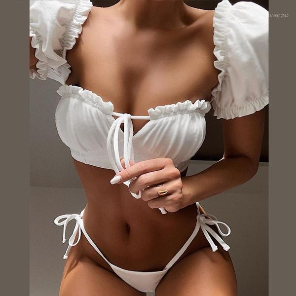 2020 short sleeve swimwear women tie side bathing suit high cut biquini in-x solid white ruffle swimsuit female bandeau bikini1, White;black
2020 short sleeve swimwear women tie side bathing suit high cut biquini in-x solid white ruffle swimsuit female bandeau bikini1, White;black