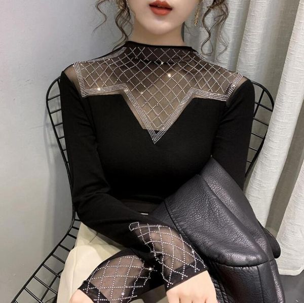 2020 autumn splicing mesh diamond blouse women fashion office lady shirts long sleeve bottoming clothing p1854, White
2020 autumn splicing mesh diamond blouse women fashion office lady shirts long sleeve bottoming clothing p1854, White
