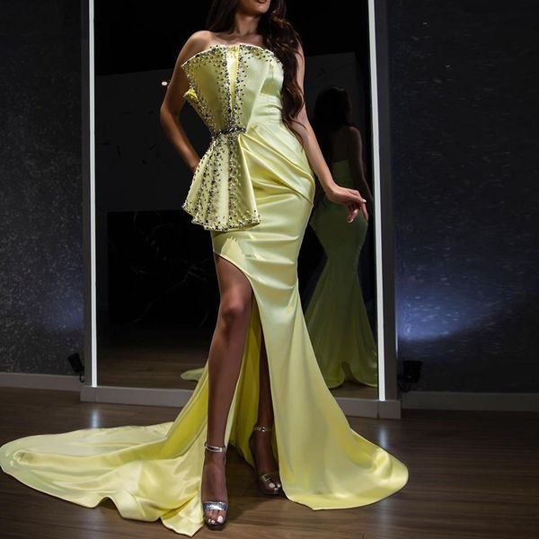 yellow mermaid evening dress 2022 beaded crystals arabic aso ebi party gowns custom size high split prom gowns, Black;red
yellow mermaid evening dress 2022 beaded crystals arabic aso ebi party gowns custom size high split prom gowns, Black;red