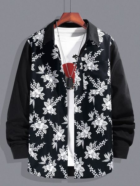 men floral print button front shirt o7tz#, White;black
