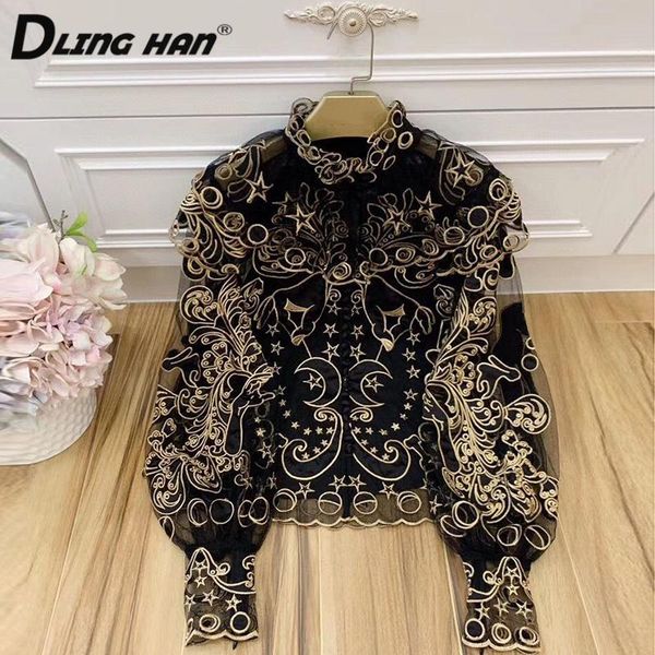 dlinghan vintage stand collar black mesh shirt embroidery lantern sleeve temperament slim shirt designer autumn new, White 
dlinghan vintage stand collar black mesh shirt embroidery lantern sleeve temperament slim shirt designer autumn new, White