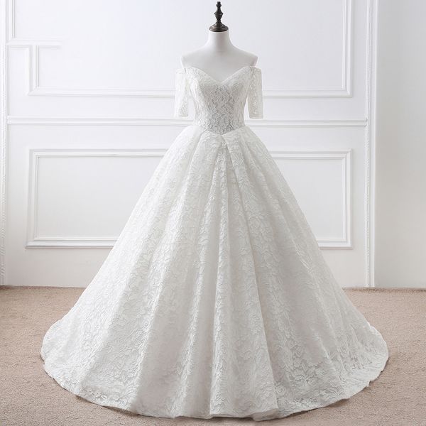 modest off shoulder 1/2 half sleeves basque bodice full floral pattern lace bridal ball gown wedding dress with little train, White 
modest off shoulder 1/2 half sleeves basque bodice full floral pattern lace bridal ball gown wedding dress with little train, White