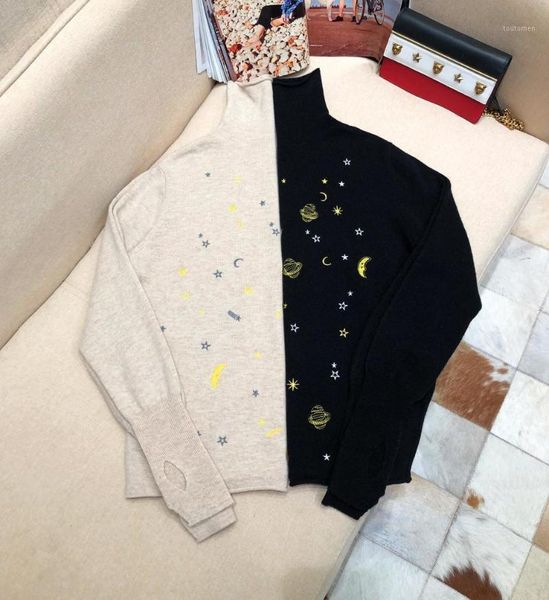 2019 new ladies fashion long-sleeved casual knit turtleneck star embroidery sweater 11231, White;black
2019 new ladies fashion long-sleeved casual knit turtleneck star embroidery sweater 11231, White;black