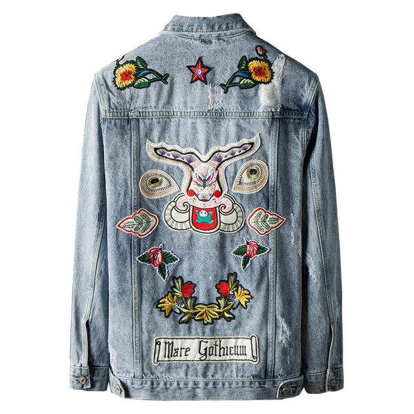 men's flower badge embroidery ripped jean jacket fashion holes embroidered blue denim coat outerwear c1108, Black
men's flower badge embroidery ripped jean jacket fashion holes embroidered blue denim coat outerwear c1108, Black