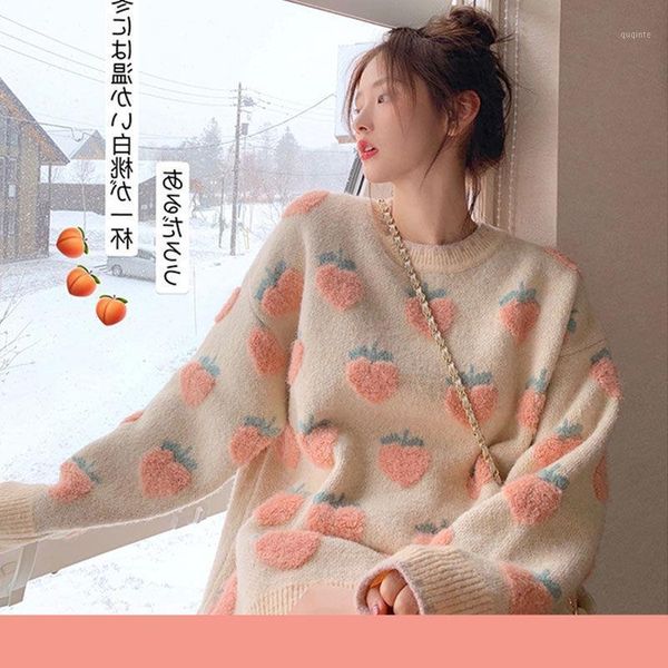 2021 autumn white women sweater pullovers o-neck peach pattern printed pull jumpers long sleeve loose casual knit y2331, White;black 
2021 autumn white women sweater pullovers o-neck peach pattern printed pull jumpers long sleeve loose casual knit y2331, White;black
