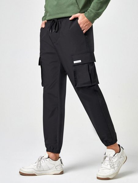 men letter patched detail flap pocket drawstring waist cargo pants v9io#, Black
men letter patched detail flap pocket drawstring waist cargo pants v9io#, Black