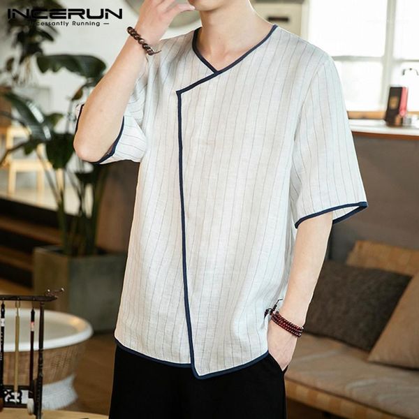 men's casual shirts incerun man vintage loose shirt fashion blusas men striped short sleeve v neck camisa summer masculina s-5xl71, White;black
men's casual shirts incerun man vintage loose shirt fashion blusas men striped short sleeve v neck camisa summer masculina s-5xl71, White;black