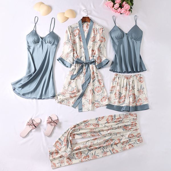 print flower women 5pcs pajamas set sleepwear silky satin nightgown kimono gown casual pyjamas home clothes soft bathrobe, Black;red
print flower women 5pcs pajamas set sleepwear silky satin nightgown kimono gown casual pyjamas home clothes soft bathrobe, Black;red
