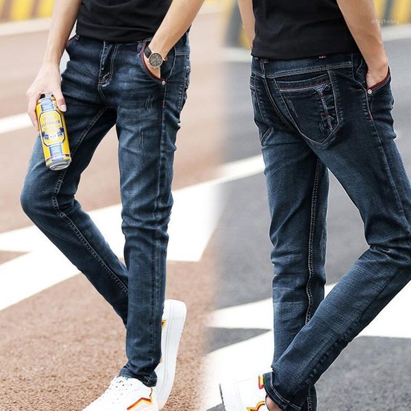 new jeans men casual scratched jeans slim fit men blue pants elastic pencil pants