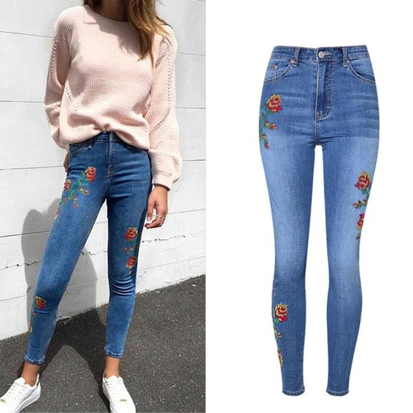 women's jeans cbucyi high waist women ankle-length denim pants washed bleached roses embroidery female slim cotton trousers, Blue
women's jeans cbucyi high waist women ankle-length denim pants washed bleached roses embroidery female slim cotton trousers, Blue