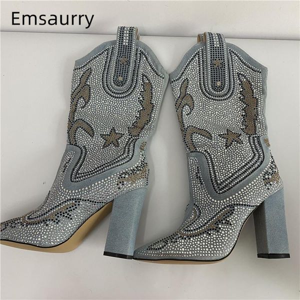 women size 38 chunky heel denim blue women boots pointed toe jeweled crystal rhinestone knee high boots woman, Black
women size 38 chunky heel denim blue women boots pointed toe jeweled crystal rhinestone knee high boots woman, Black