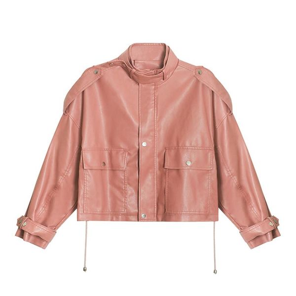 women pink button zipper pu leather jacket stand collar pocket loose short jacket c0521, Black
women pink button zipper pu leather jacket stand collar pocket loose short jacket c0521, Black