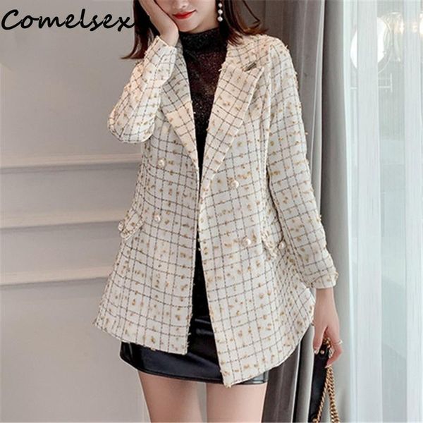 long sleeve notched collar double-breasted jackets blazers 2020 autumn korean vintage tweed plaid women blazers coats femme1, White;black
long sleeve notched collar double-breasted jackets blazers 2020 autumn korean vintage tweed plaid women blazers coats femme1, White;black