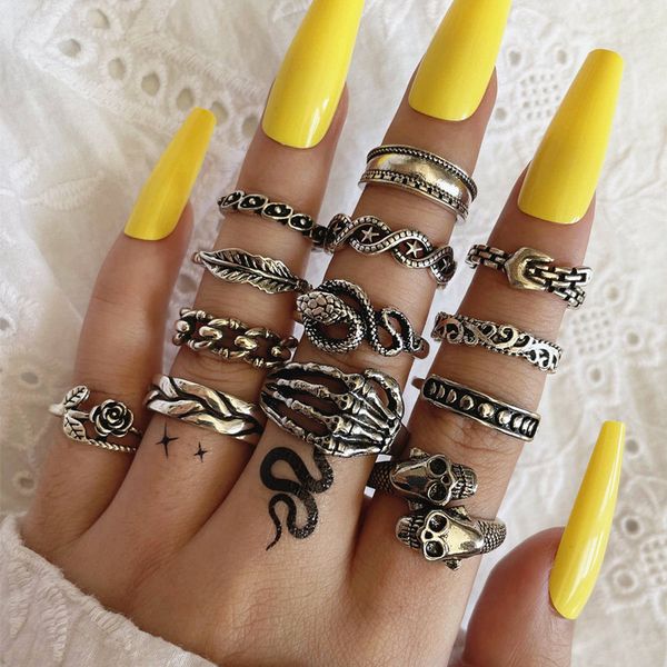 ladies popular 13 piece rings skull hand bone snake flower belt leaf joint ring set accessory for women natural decorations, Silver
ladies popular 13 piece rings skull hand bone snake flower belt leaf joint ring set accessory for women natural decorations, Silver