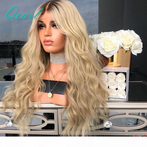 

deep long middle parting 13x6 lace front wig ombre light blonde colored human hair wigs wavy remy hair 150% 180% qearl, Black;brown