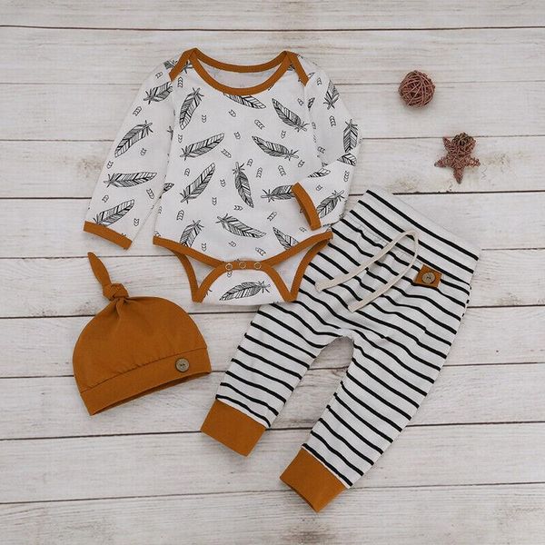 clothing sets 2021 fall autumn 0-24m infant baby girls boys 3pcs set feather print long sleeve bodysuit+striped pants+hat toddler outfits, White 
clothing sets 2021 fall autumn 0-24m infant baby girls boys 3pcs set feather print long sleeve bodysuit+striped pants+hat toddler outfits, White