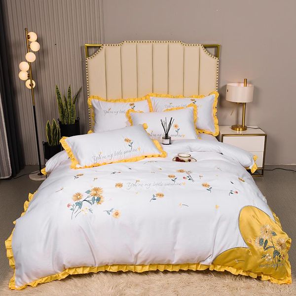 white yellow floral embroidery silk cotton girl bedding set duvet double home cover set textile linen pillowcases king bed
white yellow floral embroidery silk cotton girl bedding set duvet double home cover set textile linen pillowcases king bed