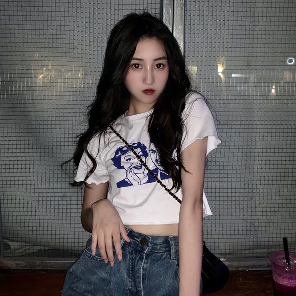 women's short short-sleeved t-shirt with high waist and open umbilical cord 2020 summer new korean printed slim fit student slim for t, White
women's short short-sleeved t-shirt with high waist and open umbilical cord 2020 summer new korean printed slim fit student slim for t, White