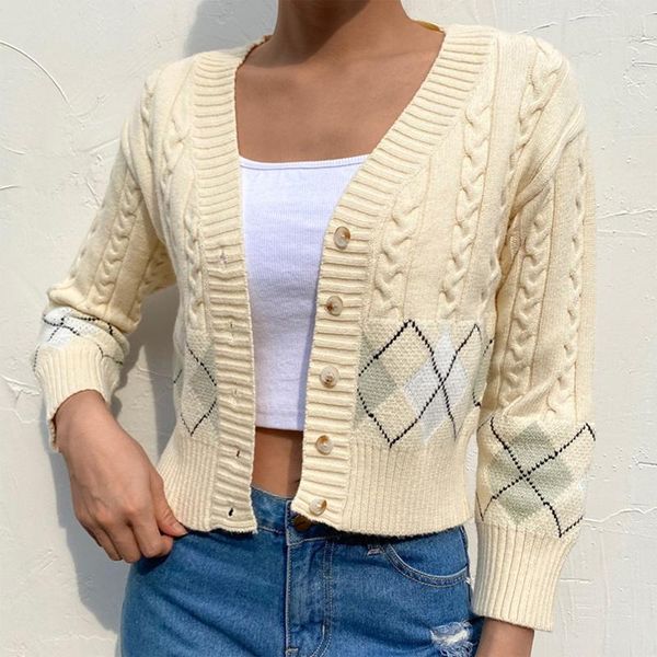 women 3/4 sleeves knitted cardigan contrast color argyle v-neck sweater coat single breasted button slim crop jacket, White
women 3/4 sleeves knitted cardigan contrast color argyle v-neck sweater coat single breasted button slim crop jacket, White