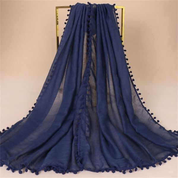 women fashion plain bubble tassel viscose scarf ladies pom shawls and wraps pashmina stole muslim hijab sjaal 180*80cm y201007, Blue;gray