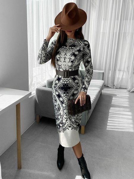 mock neck graphic pattern sweater dress without belt c7l1#, Black;gray 
mock neck graphic pattern sweater dress without belt c7l1#, Black;gray