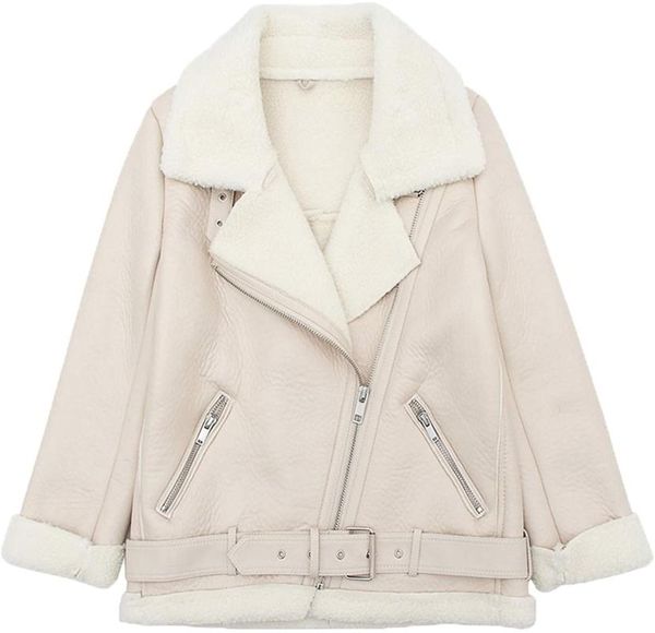 women's fur & faux shearing moto jacket thick lined parka winter shearling coat leather, Black