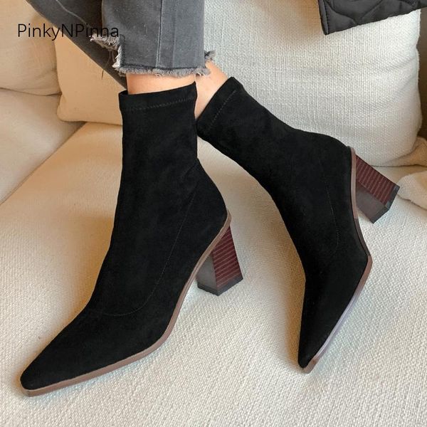 boots 2021 fall soft women stretchy flock pointed toe ankle square high heels slip on office party short booties plus size, Black
boots 2021 fall soft women stretchy flock pointed toe ankle square high heels slip on office party short booties plus size, Black