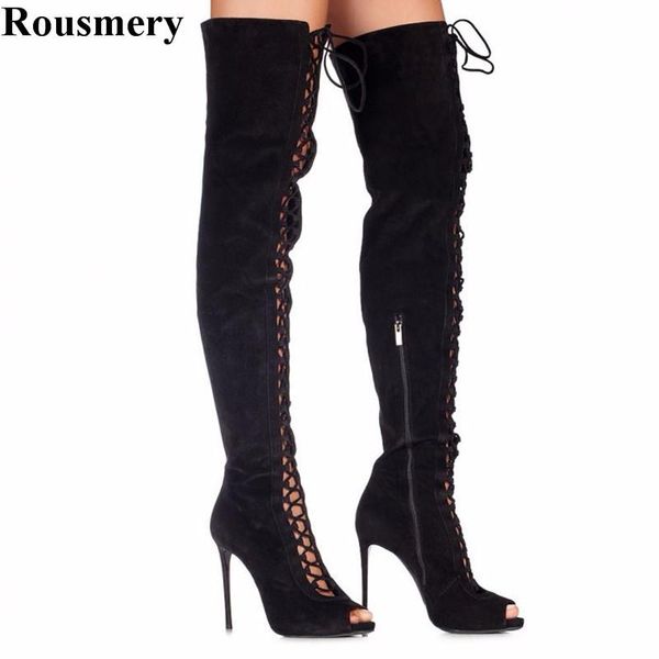 spring women fashion open toe black suede leather over knee gladiator boots lace-up cut-out high heel long boots
spring women fashion open toe black suede leather over knee gladiator boots lace-up cut-out high heel long boots
