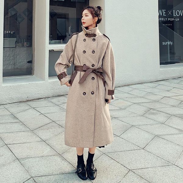 women's wool & blends 2021 female jacket autumn winter leather stitching milk color woolen coat loose casual all-match thickened women, Black
women's wool & blends 2021 female jacket autumn winter leather stitching milk color woolen coat loose casual all-match thickened women, Black