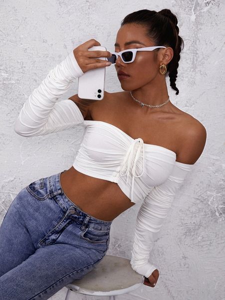 ruched drawstring off-the-shoulder crop 66dm#, White
ruched drawstring off-the-shoulder crop 66dm#, White