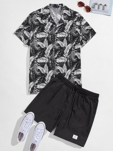 men notch collar tropical print shirt & drawstring waist patched detail shorts set o7vg#, Gray
men notch collar tropical print shirt & drawstring waist patched detail shorts set o7vg#, Gray